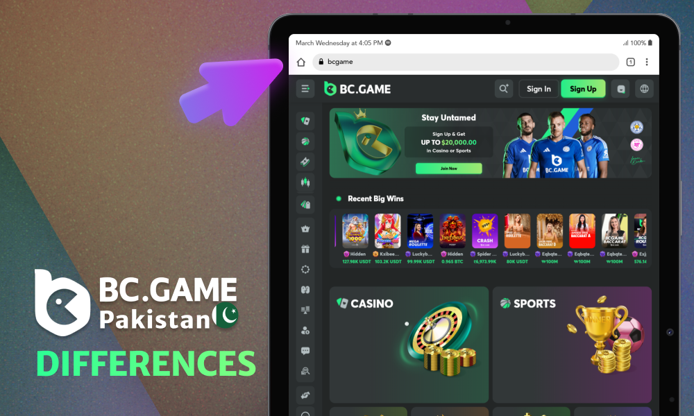 Main differences between the app and the mobile version of the BC Game website