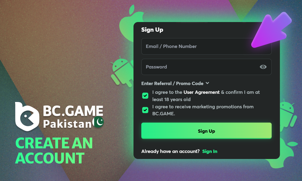 How do you create a new account at BC Game via APK